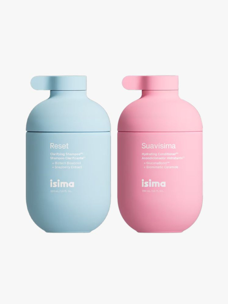 Isima Reset Clarifying Shampoo and Suavisima Hydrating Conditioner in branded components on a light gray background